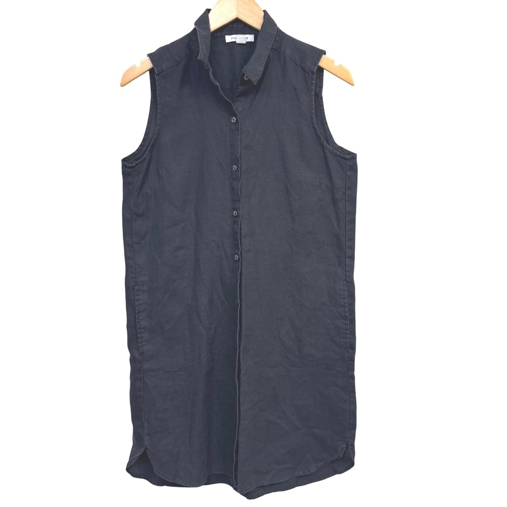 Pure Navy Womens Dress Small Black 100% Linen Sleeveless Button Front Sheath